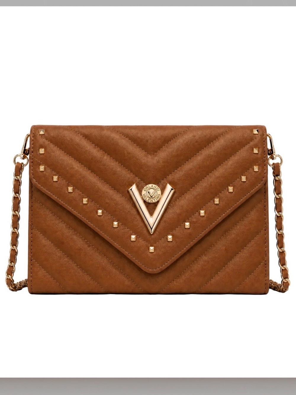 Valentino Orlandi Tan Quilted Crossbody with Gold V Accent